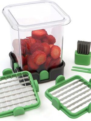 Strawberry Slicer - Fruit Slicer with Container - Pro Soft Food Chopper - Detachable Fruit Cutter Chopper with Push Plate - 2 Blades - Green