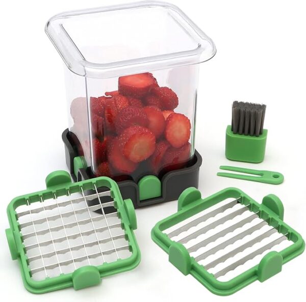 Strawberry Slicer - Fruit Slicer with Container - Pro Soft Food Chopper - Detachable Fruit Cutter Chopper with Push Plate - 2 Blades - Green